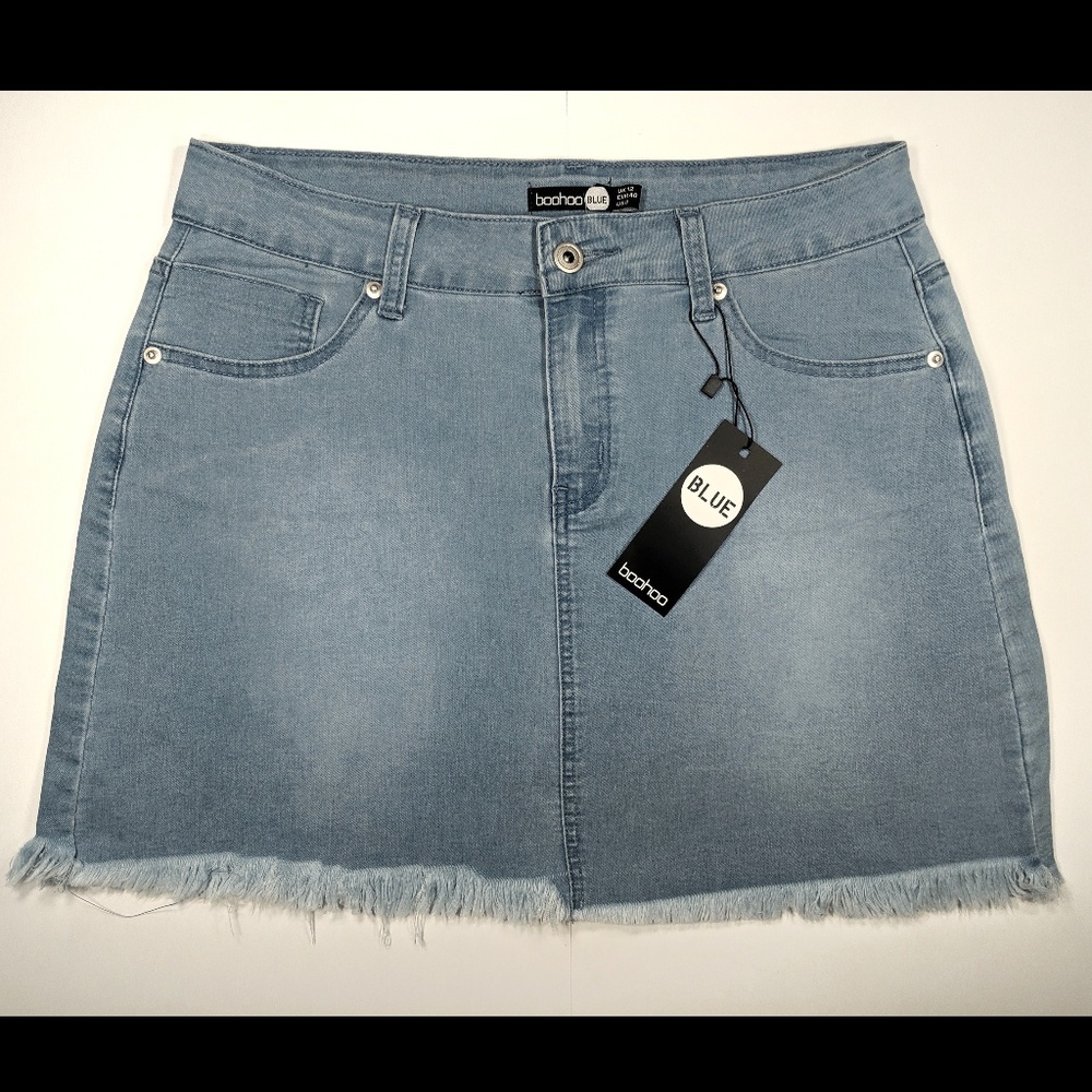 BooHoo Blue Amelia Raw Hem Denim Mini Skirt